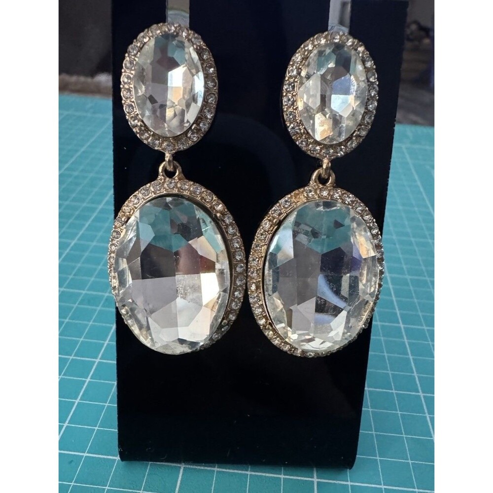 Pierced Post Earrings Cocktail Crystal Rhinestone Oval Bridal Prom Dangle Fancy